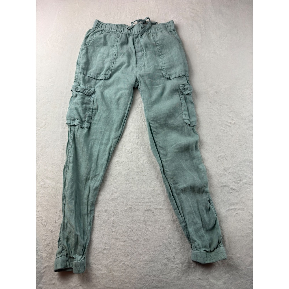 Nicole Miller New York Linen Cargo Joggers Sage Green XS Elastic Waist Pants